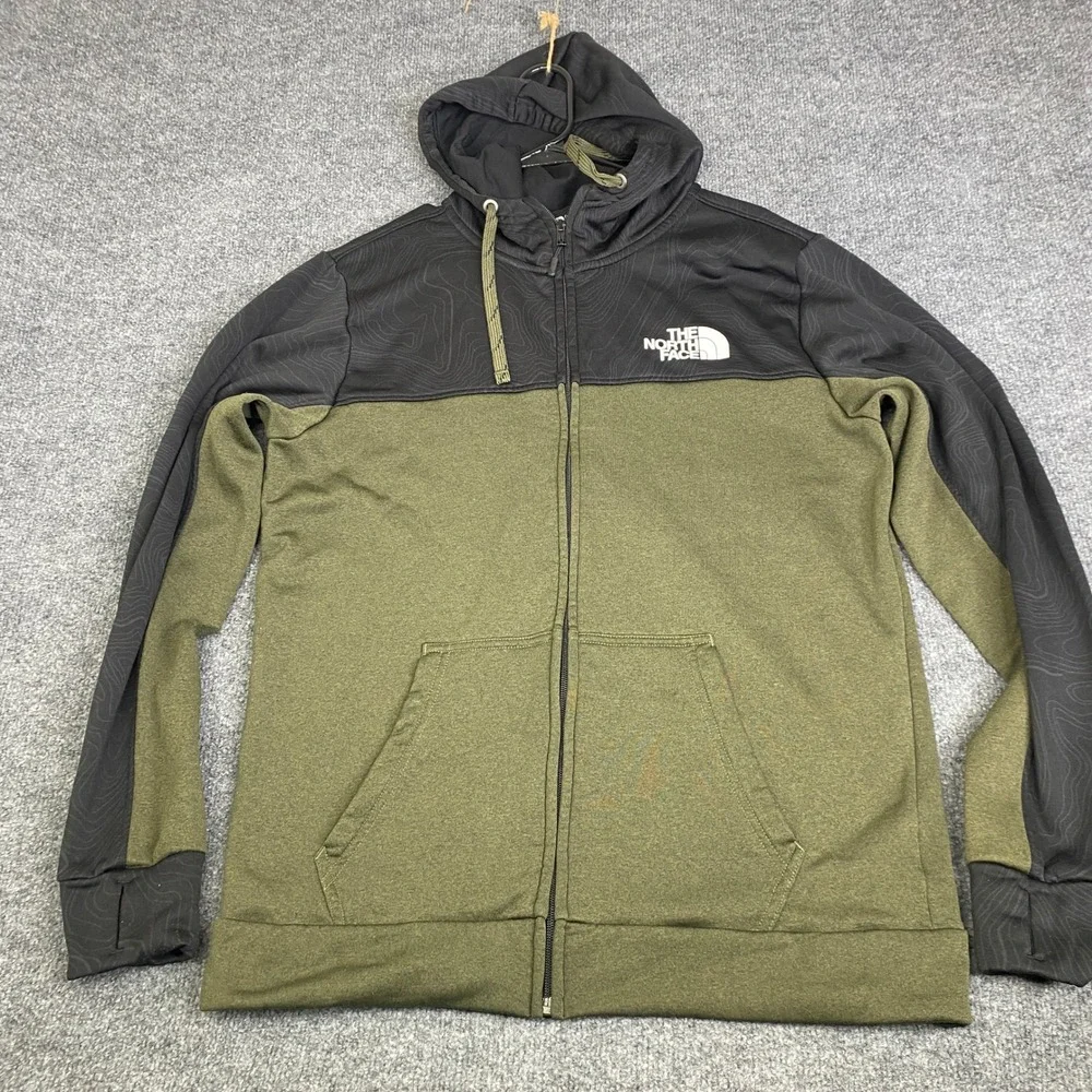 The North Face Mens Full Zip Hoodie Green Black Topo Print A34YV Large Thumbhole